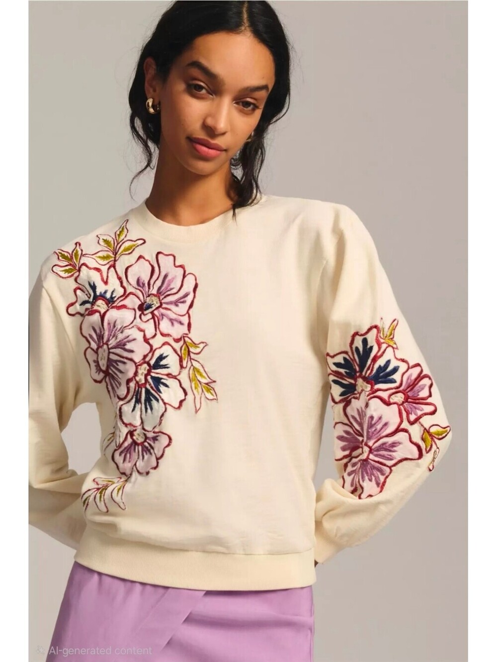 Anthropologie Cream Floral Embroidered Applique Sweatshirt Size L